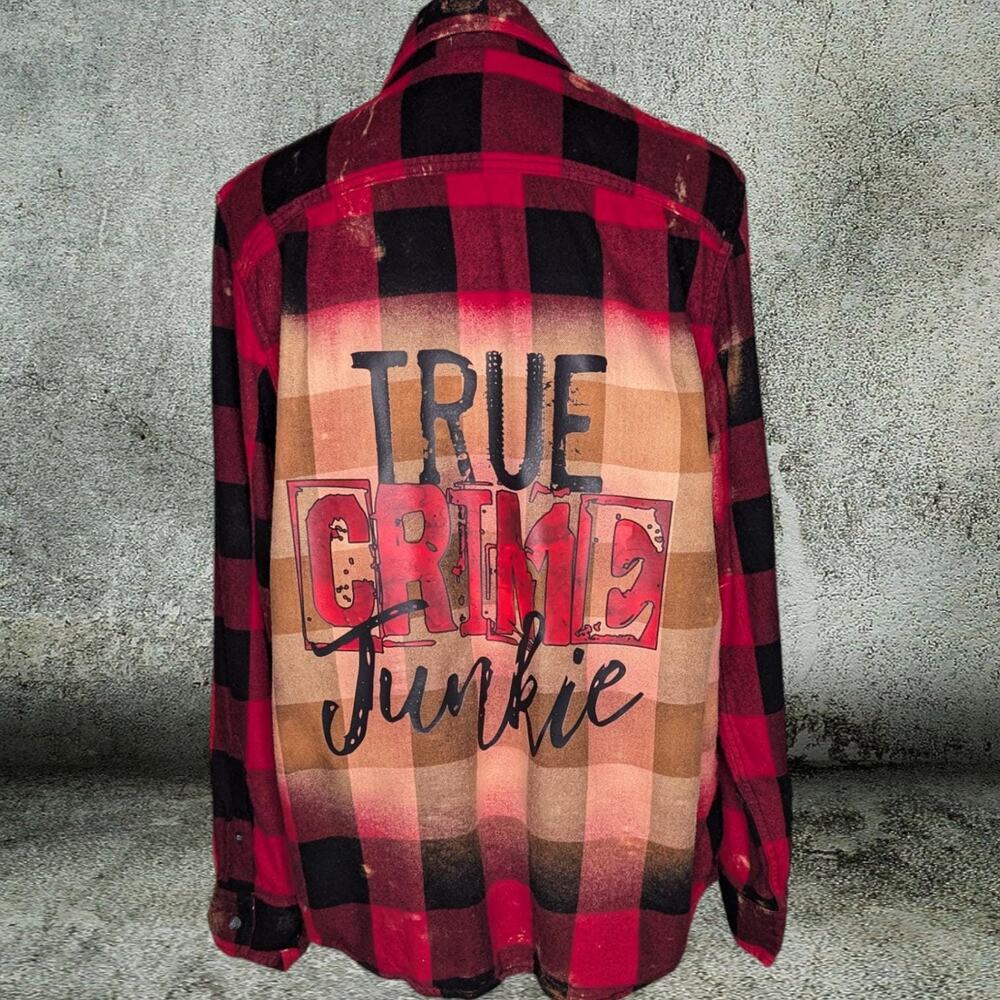 True Crime Junkie Bleached Flannel Shirt, Horror Gift, Size Large